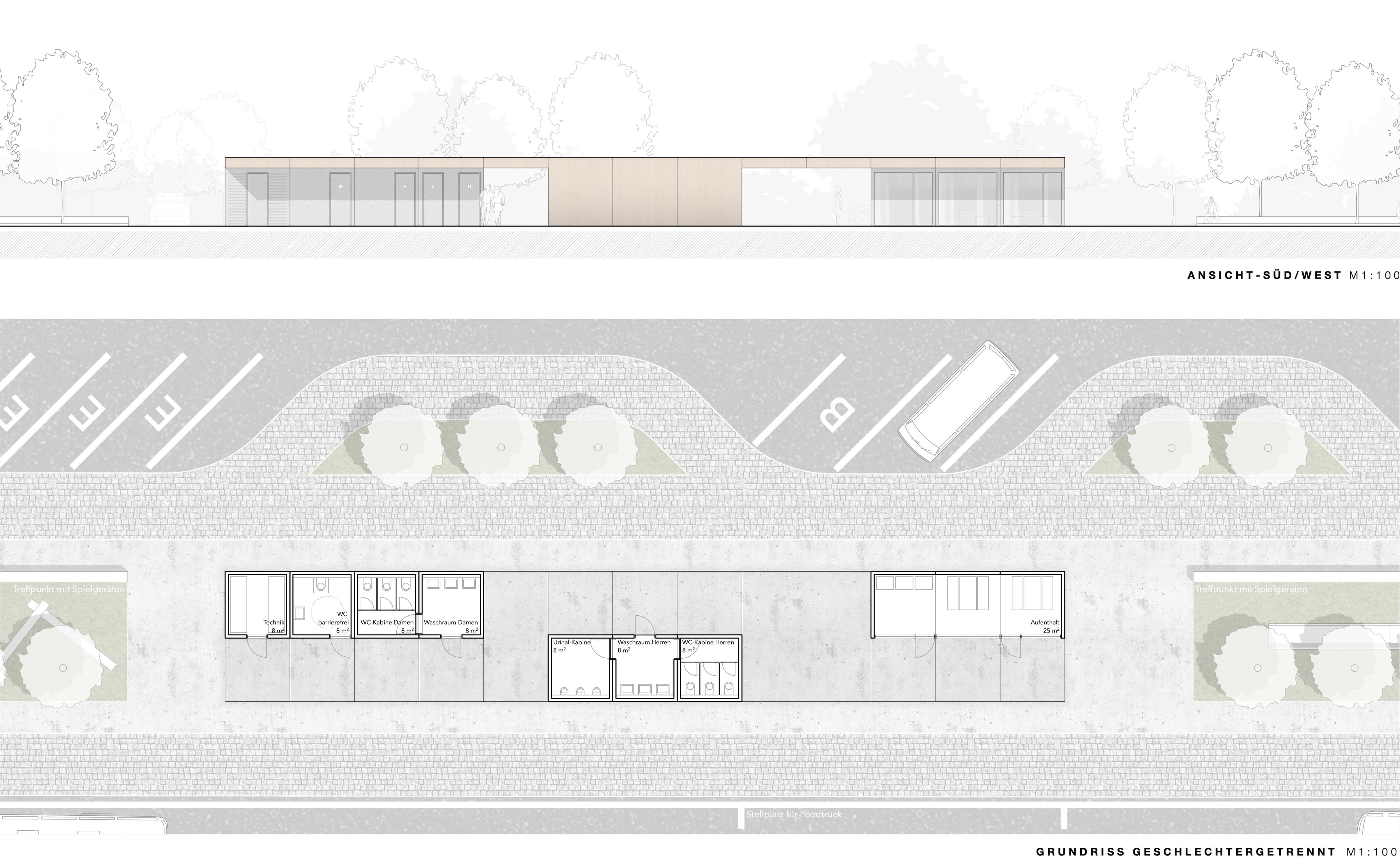Ansicht und Grundriss Parkplatz WC-Anlage